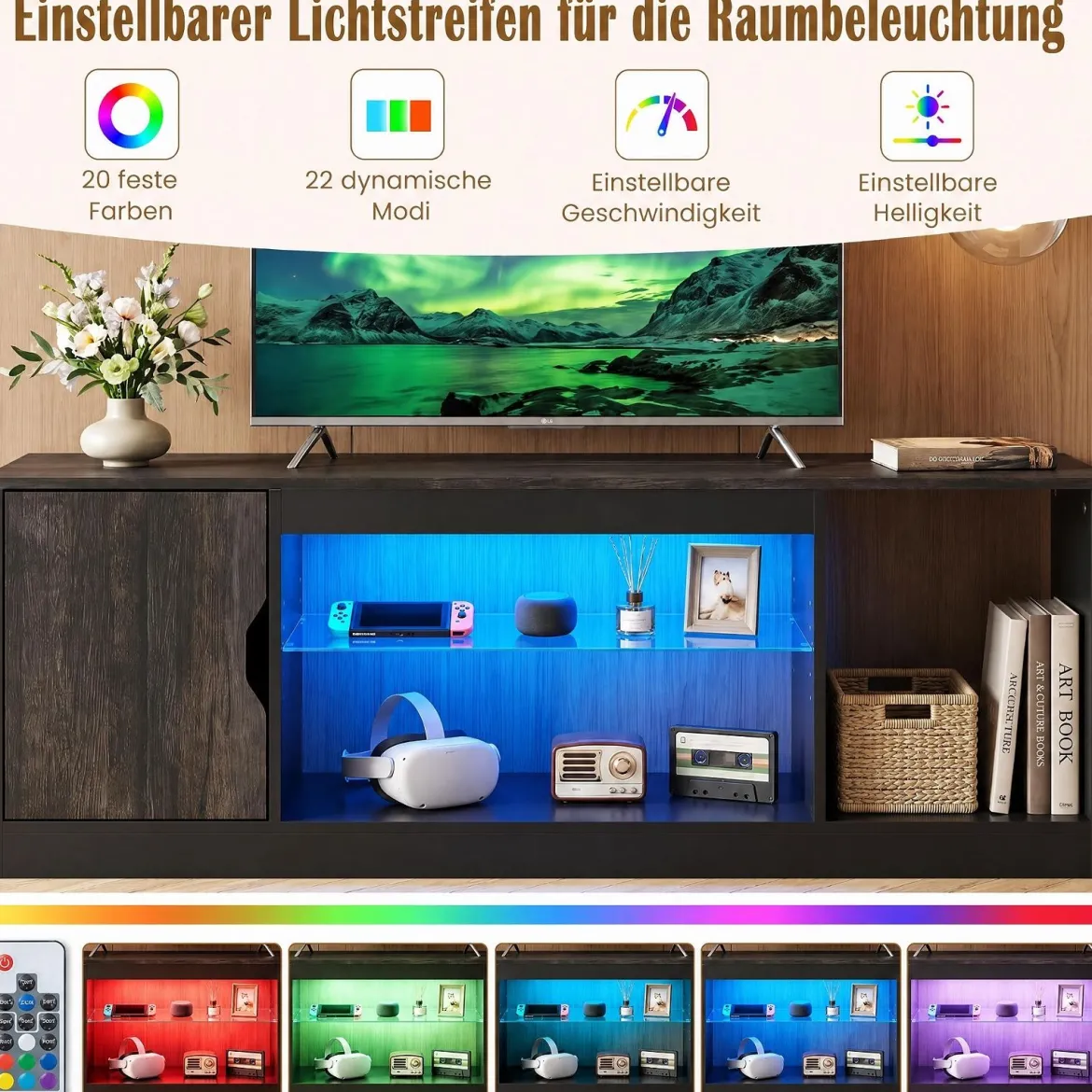 TV-Schrank Fernsehschrank mit Ablagefläche & 3 Offenen Fächer bis zu 65 Zoll Schwarz
