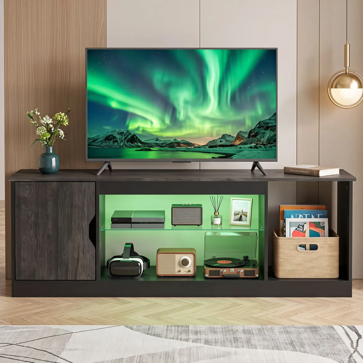 TV-Schrank Fernsehschrank mit Ablagefläche & 3 Offenen Fächer bis zu 65 Zoll Schwarz