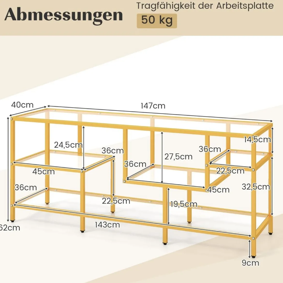 TV-Schrank Fernsehtisch für Fernseher bis zu 65 Zoll TV-Tisch Gold 147 x 40 x 62 cm