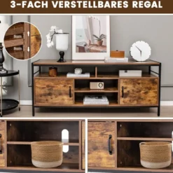 TV-Schrank für Fernseher bis zu 65 Zoll Lowboard mit 2 Türen & offenen Fächern Fernsehtisch