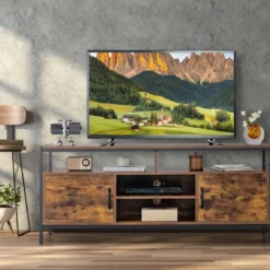 TV-Schrank für Fernseher bis zu 65 Zoll Lowboard mit 2 Türen & offenen Fächern Fernsehtisch