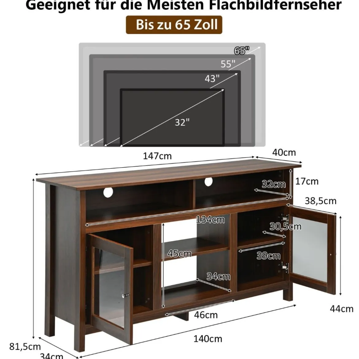 TV Schrank für Fernseher bis zu 65 Zoll 2 in 1 TV Ständer & Kaminschrank 147 x 40 x 81,5 cm Walnuss