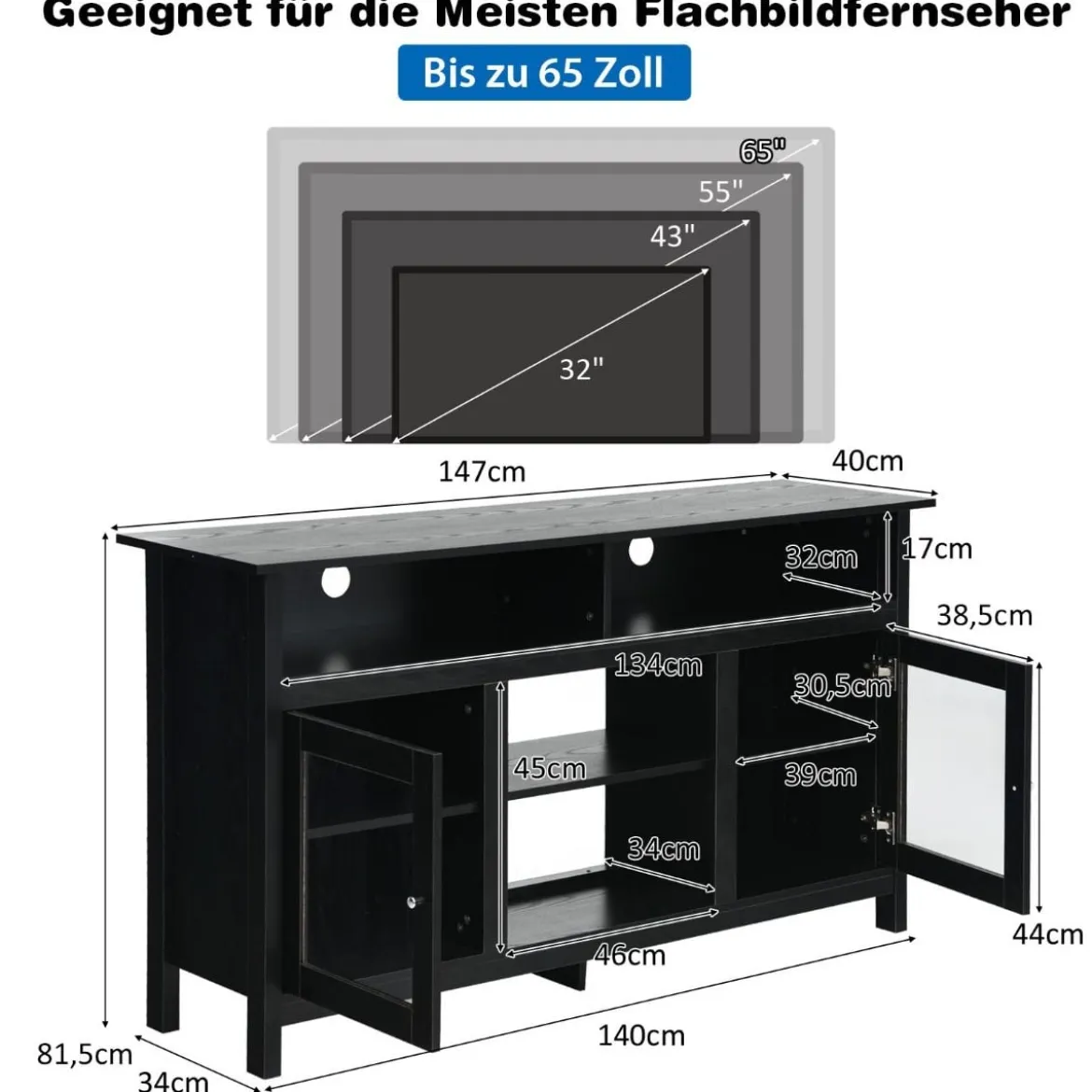 TV Schrank für Fernseher bis zu 65 Zoll 2 in 1 TV Ständer & Kaminschrank 147 x 40 x 81,5 cm Schwarz