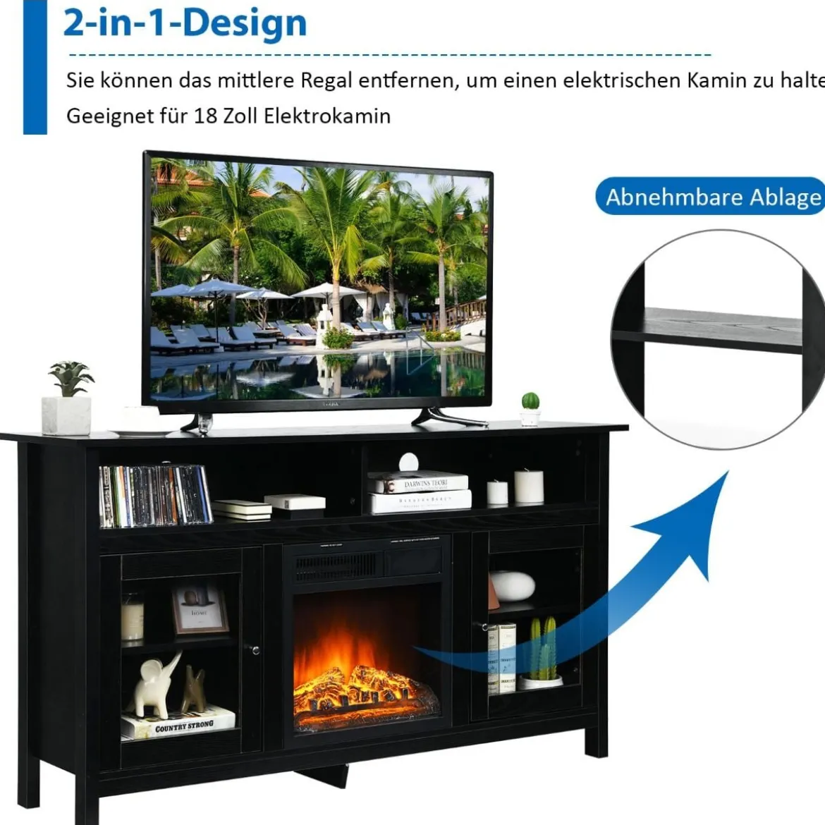 TV Schrank für Fernseher bis zu 65 Zoll 2 in 1 TV Ständer & Kaminschrank 147 x 40 x 81,5 cm Schwarz