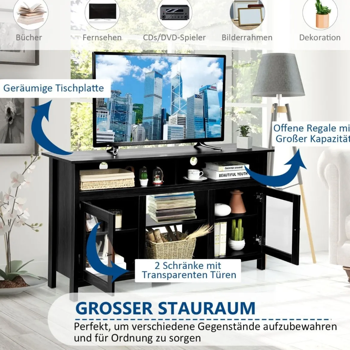 TV Schrank für Fernseher bis zu 65 Zoll 2 in 1 TV Ständer & Kaminschrank 147 x 40 x 81,5 cm Schwarz