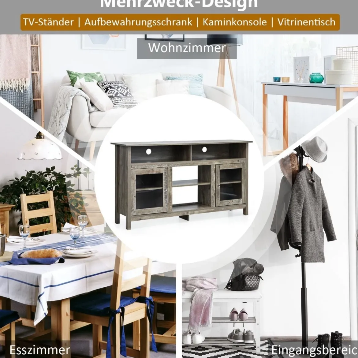 TV Schrank für Fernseher bis zu 65 Zoll 2 in 1 TV Ständer & Kaminschrank 147 x 40 x 81,5 cm Natur