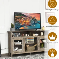 TV Schrank für Fernseher bis zu 65 Zoll 2 in 1 TV Ständer & Kaminschrank 147 x 40 x 81,5 cm Natur