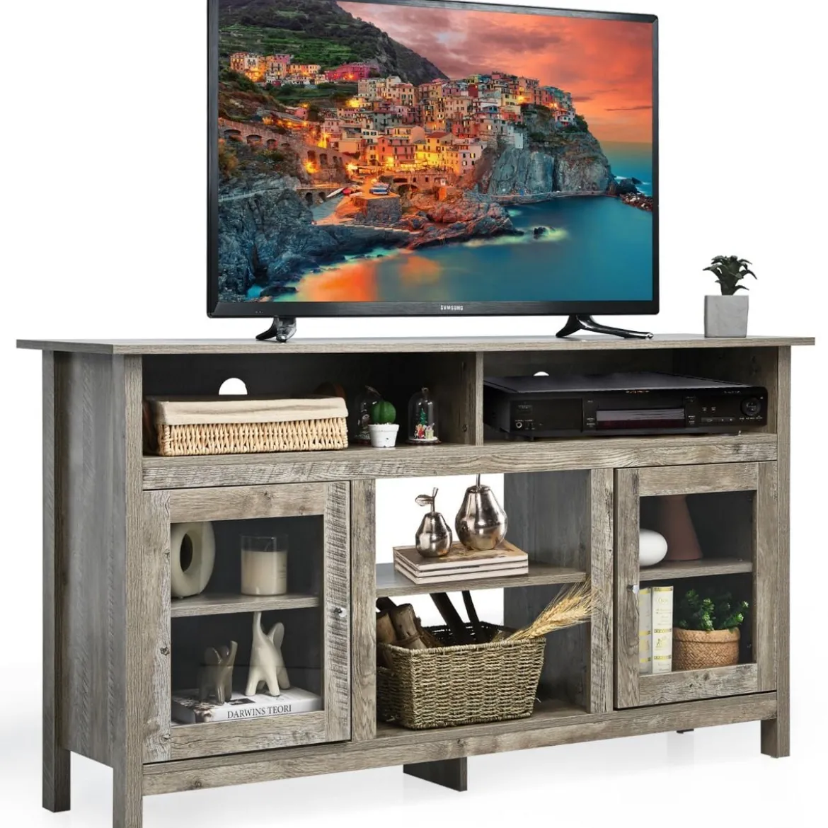 TV Schrank für Fernseher bis zu 65 Zoll 2 in 1 TV Ständer & Kaminschrank 147 x 40 x 81,5 cm Natur