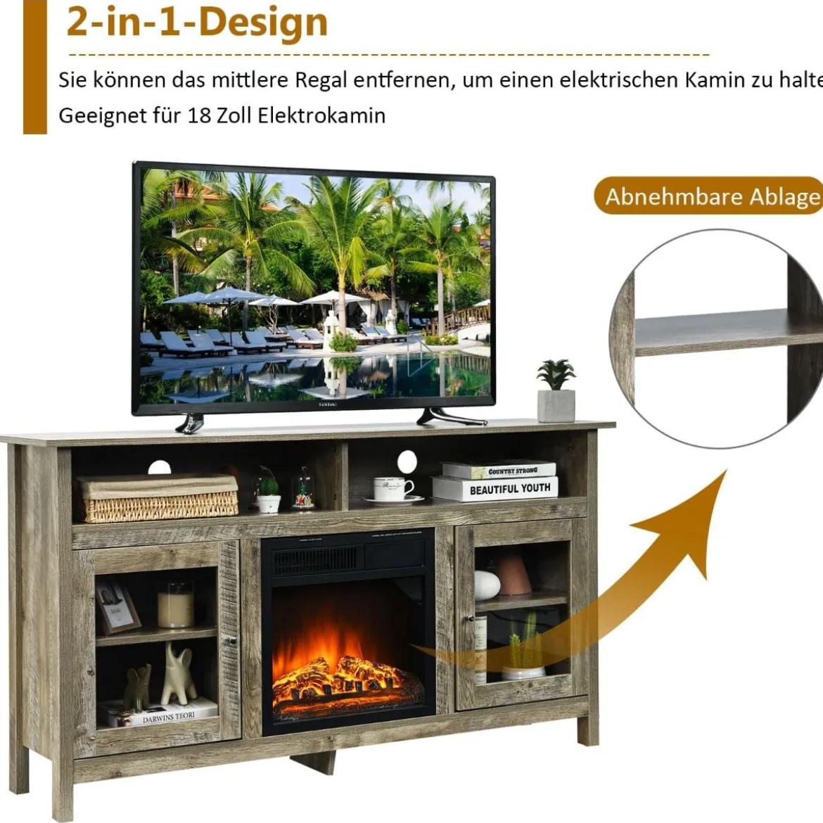 TV Schrank für Fernseher bis zu 65 Zoll 2 in 1 TV Ständer & Kaminschrank 147 x 40 x 81,5 cm Natur