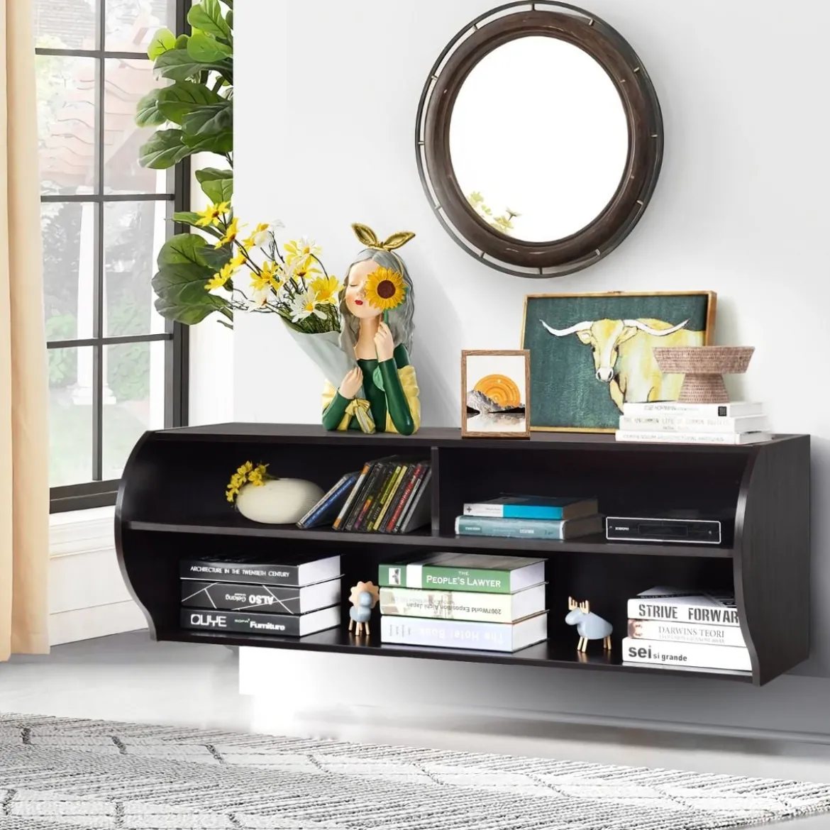 TV Schrank hängend und freistehend Fernsehschrank Holz modern mit 3 offenen Fächern Kommode Braun