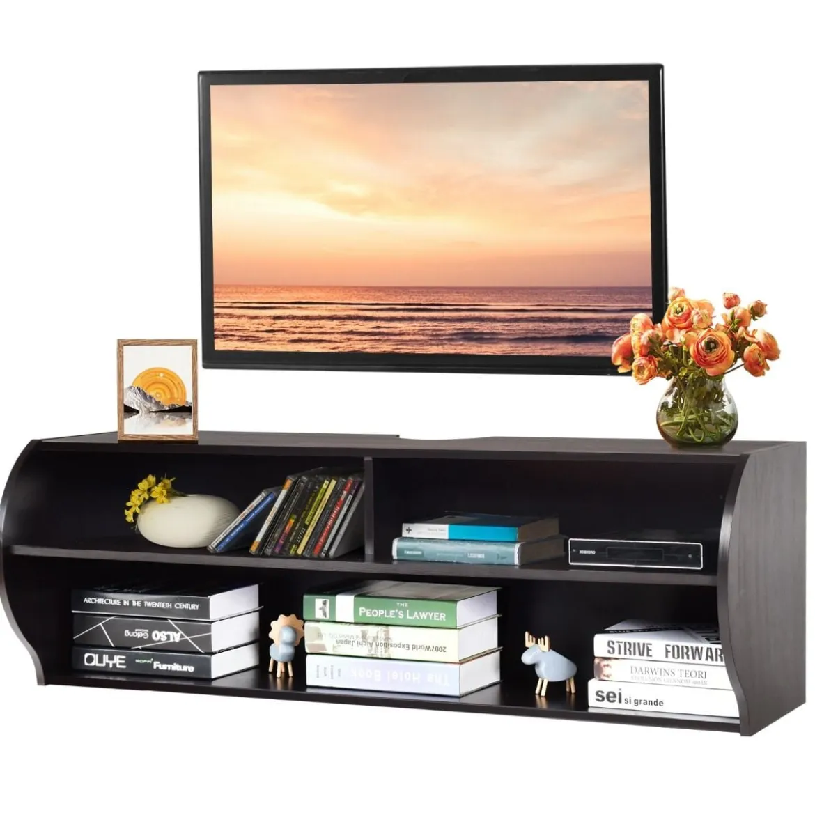TV Schrank hängend und freistehend Fernsehschrank Holz modern mit 3 offenen Fächern Kommode Braun