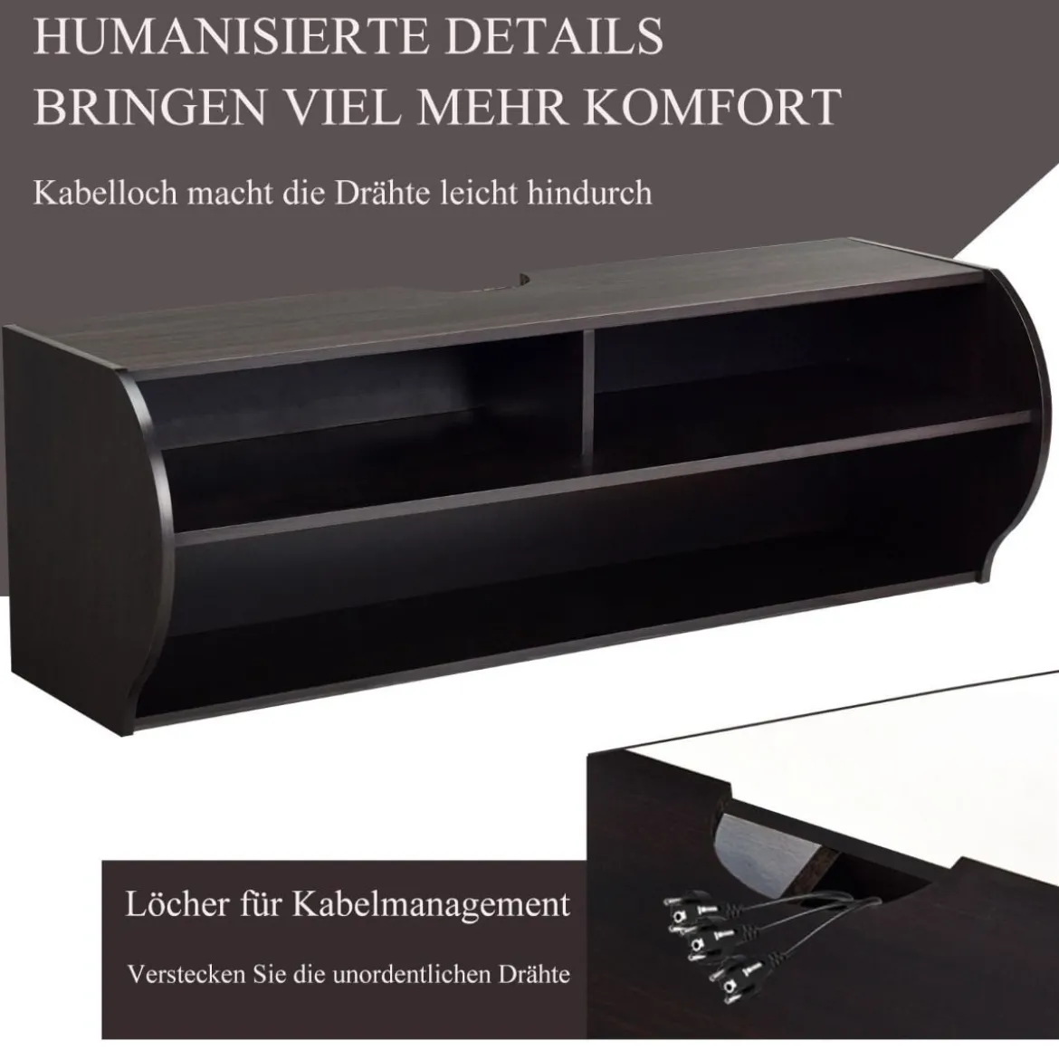 TV Schrank hängend und freistehend Fernsehschrank Holz modern mit 3 offenen Fächern Kommode Braun