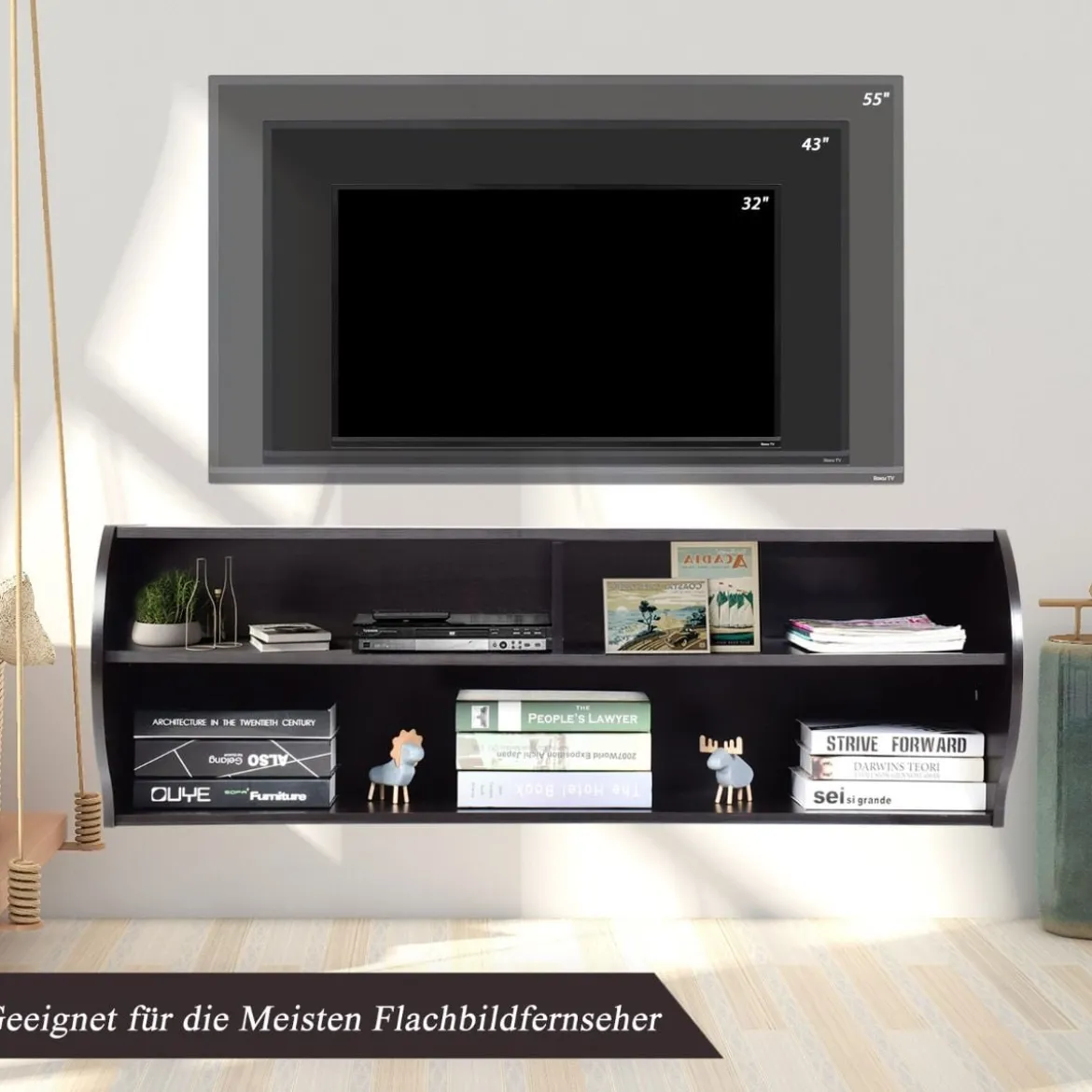 TV Schrank hängend und freistehend Fernsehschrank Holz modern mit 3 offenen Fächern Kommode Braun