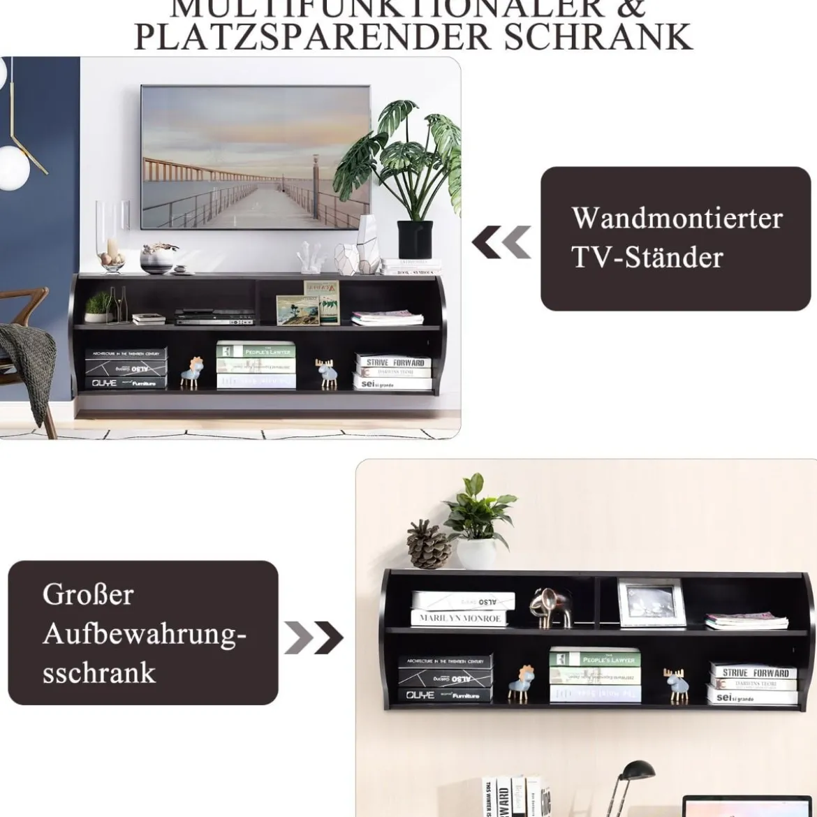 TV Schrank hängend und freistehend Fernsehschrank Holz modern mit 3 offenen Fächern Kommode Braun