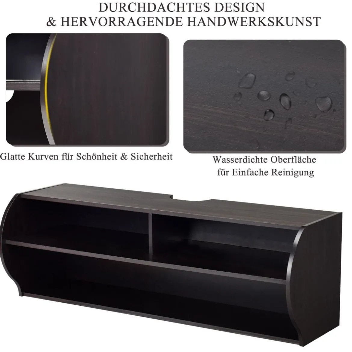 TV Schrank hängend und freistehend Fernsehschrank Holz modern mit 3 offenen Fächern Kommode Braun
