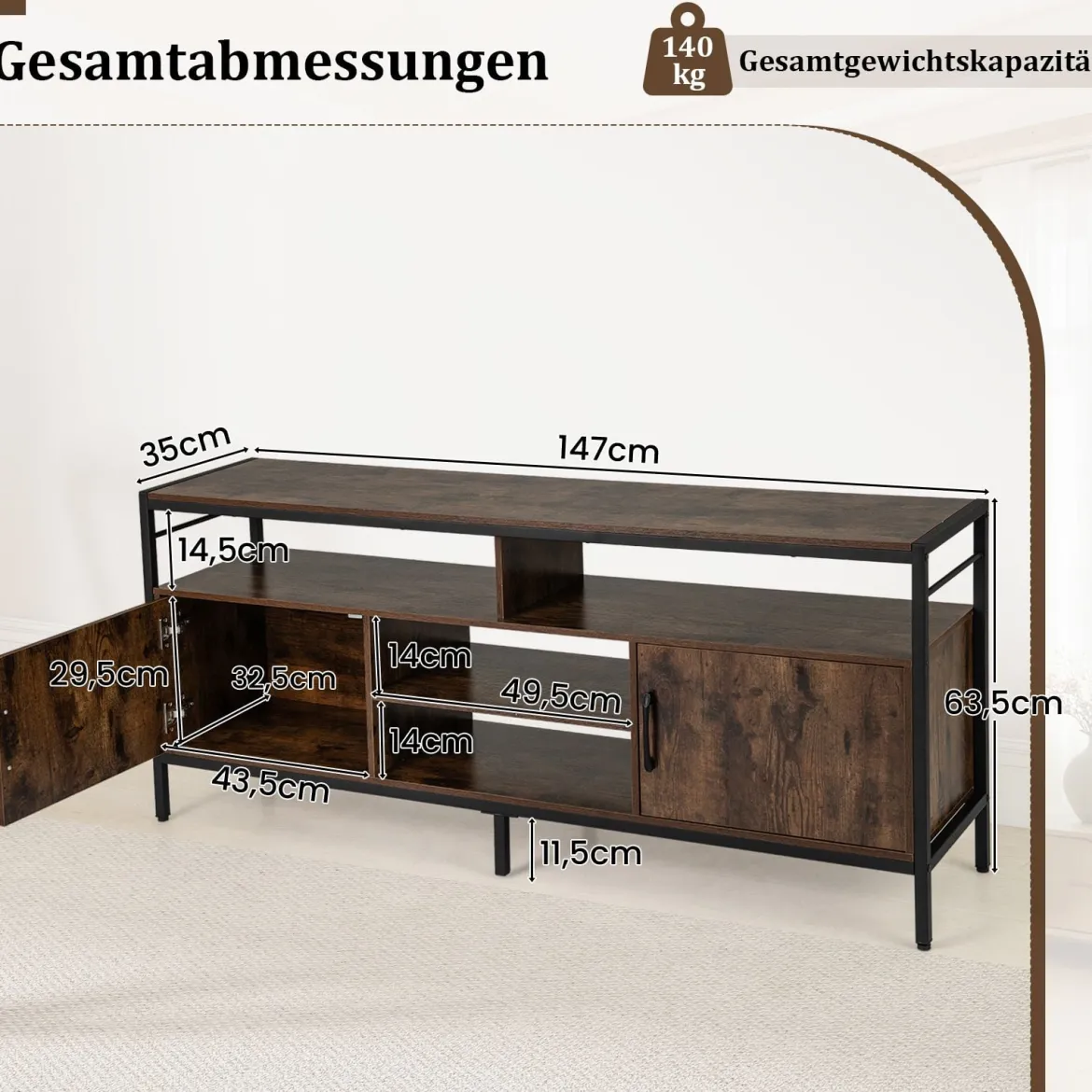 TV-Schrank Lowboard für 65" Fernseher mit 2 Schränke & 4 offene Regale Rustikal Braun
