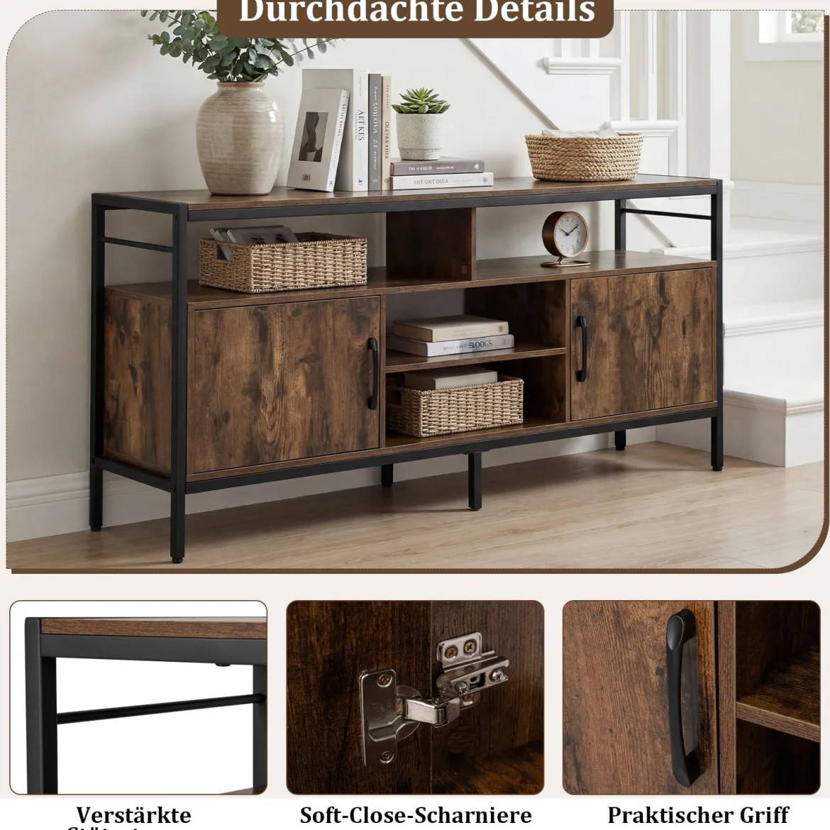TV-Schrank Lowboard für 65" Fernseher mit 2 Schränke & 4 offene Regale Rustikal Braun
