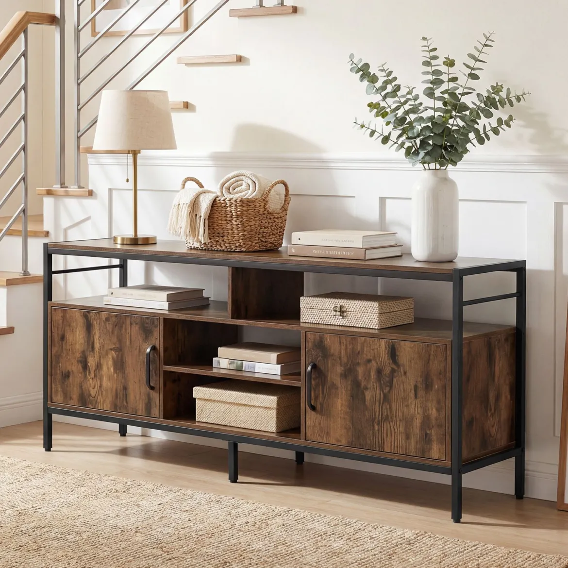 TV-Schrank Lowboard für 65" Fernseher mit 2 Schränke & 4 offene Regale Rustikal Braun