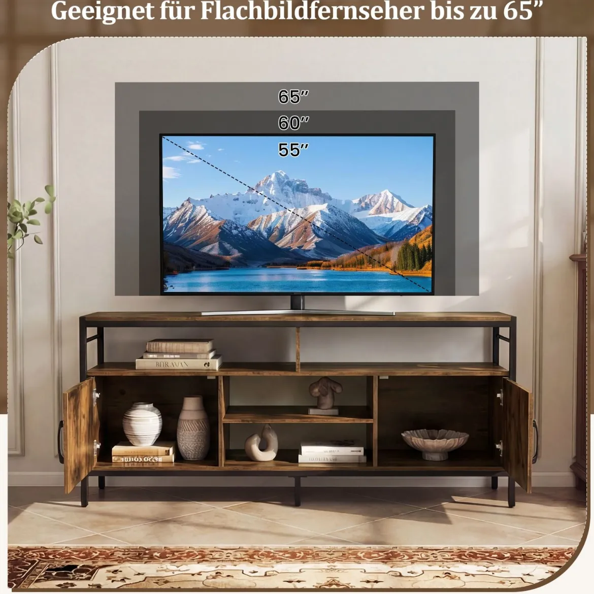 TV-Schrank Lowboard für 65" Fernseher mit 2 Schränke & 4 offene Regale Rustikal Braun