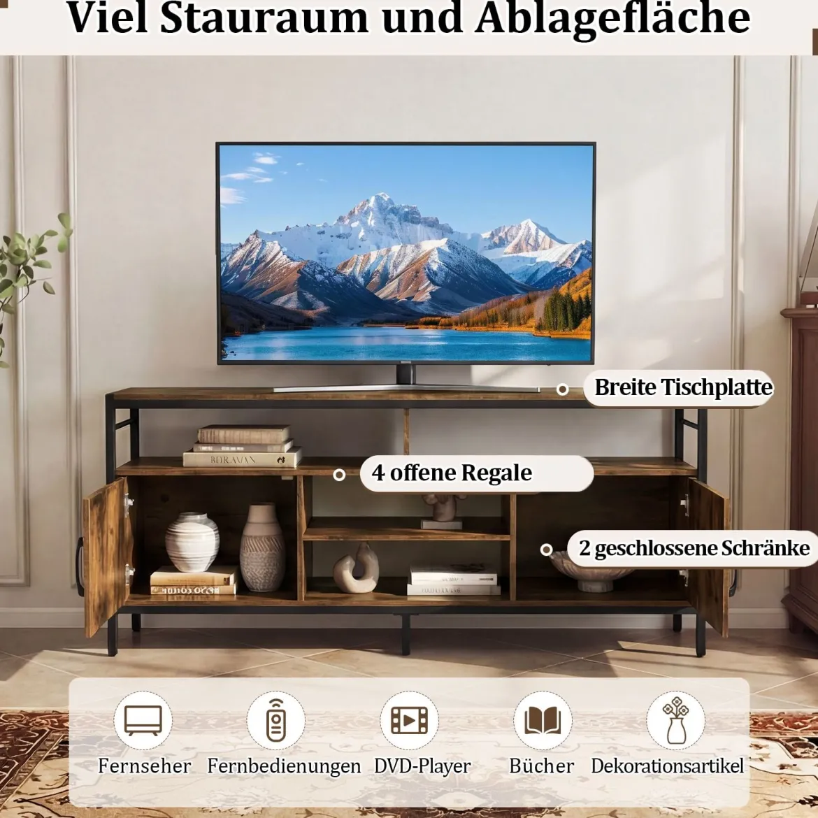 TV-Schrank Lowboard für 65" Fernseher mit 2 Schränke & 4 offene Regale Rustikal Braun