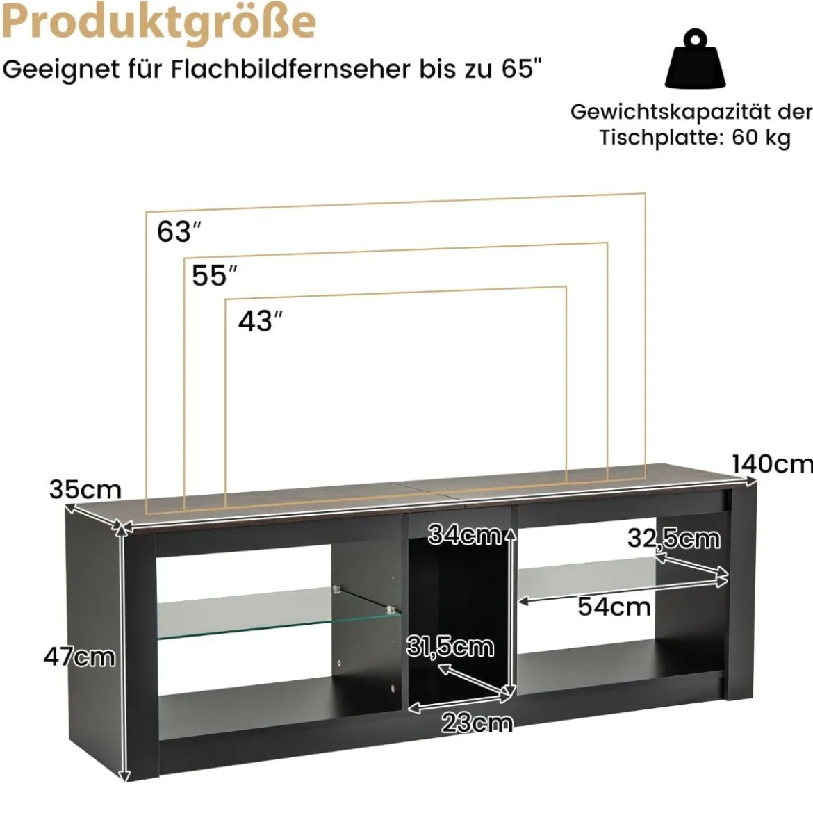 TV Schrank mit LED Beleuchtung für Fernseher bis 65 Zoll Modernes Entertainment Center