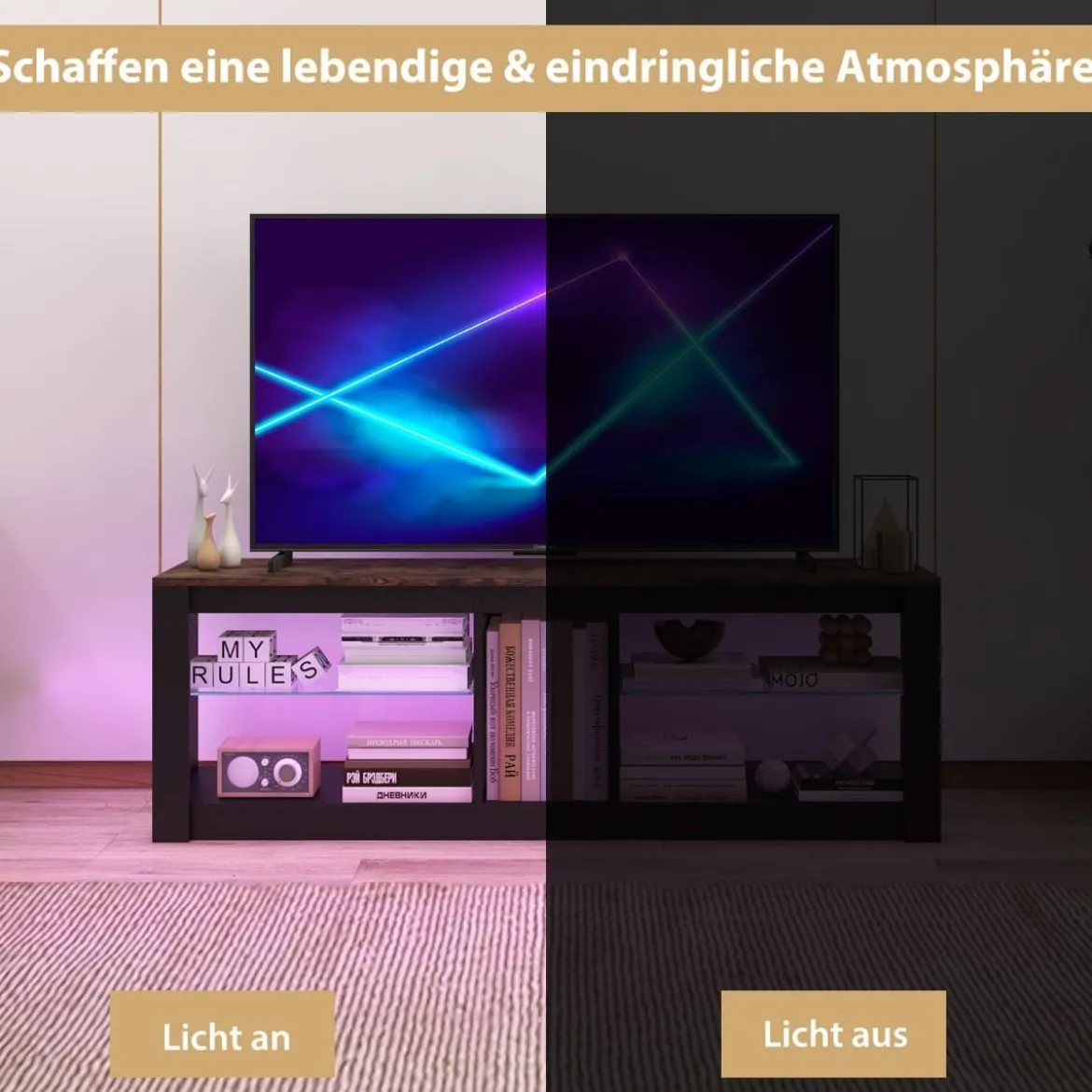 TV Schrank mit LED Beleuchtung für Fernseher bis 65 Zoll Modernes Entertainment Center