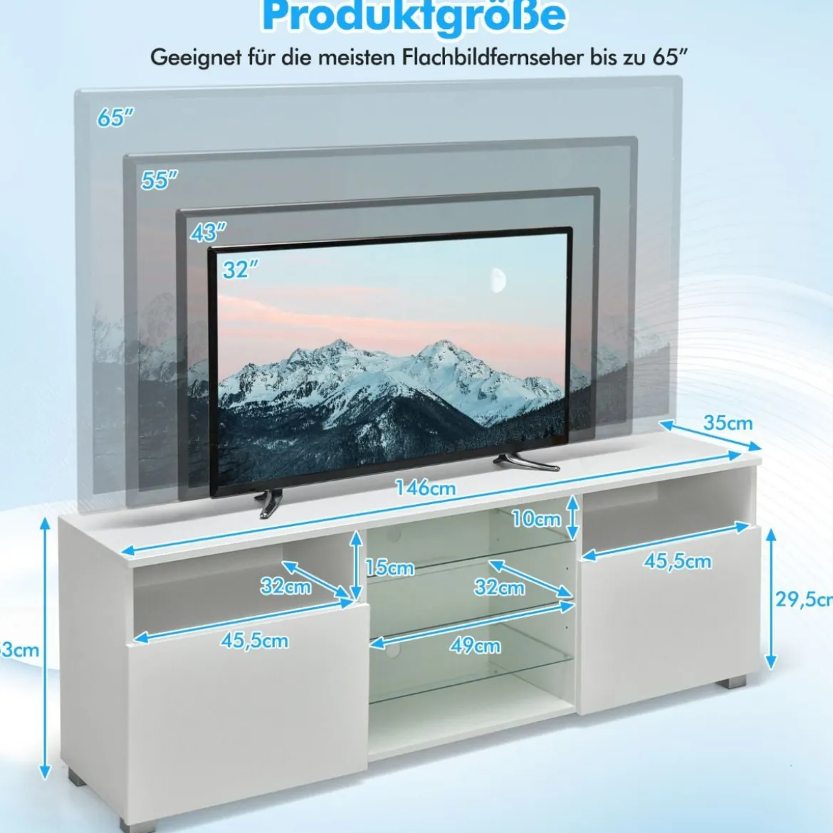 TV Schrank mit LED Beleuchtung & 2 Türen & Verstellbaren Glastablagen Fernsehtisch