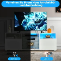TV Schrank mit LED Beleuchtung & 2 Türen & Verstellbaren Glastablagen Fernsehtisch