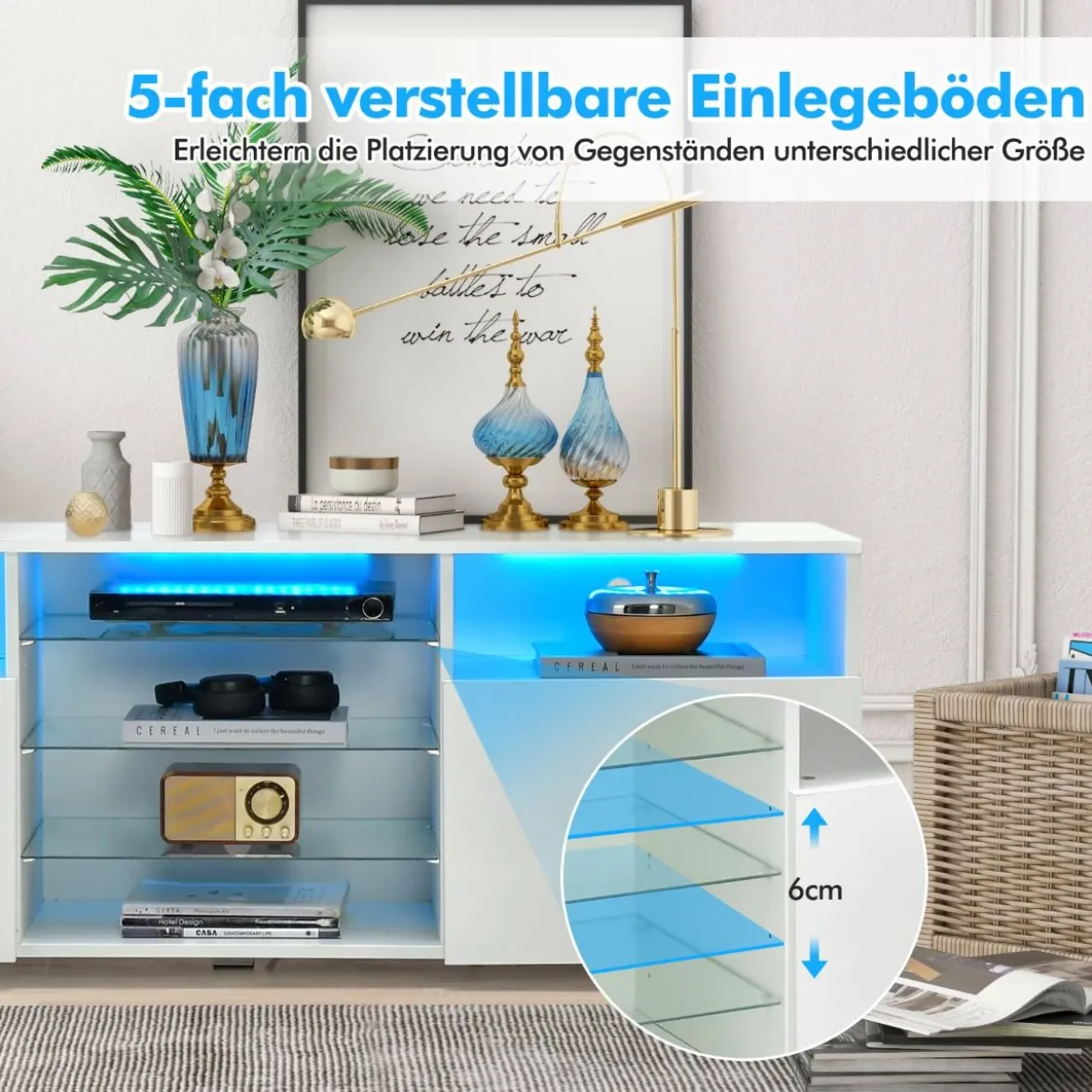 TV Schrank mit LED Beleuchtung & 2 Türen & Verstellbaren Glastablagen Fernsehtisch