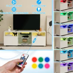 TV Schrank mit LED Beleuchtung & 2 Türen & Verstellbaren Glastablagen Fernsehtisch