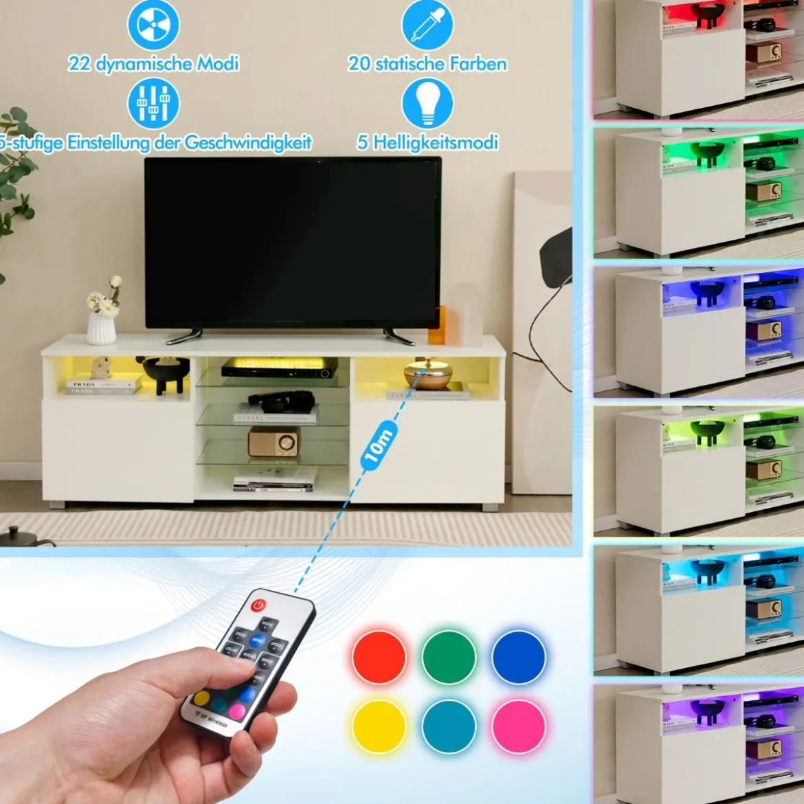 TV Schrank mit LED Beleuchtung & 2 Türen & Verstellbaren Glastablagen Fernsehtisch