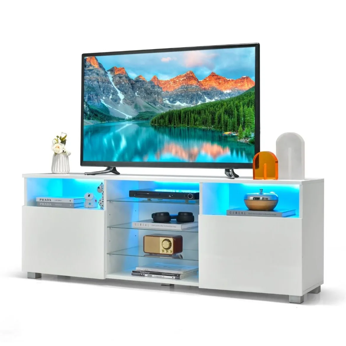 TV Schrank mit LED Beleuchtung & 2 Türen & Verstellbaren Glastablagen Fernsehtisch