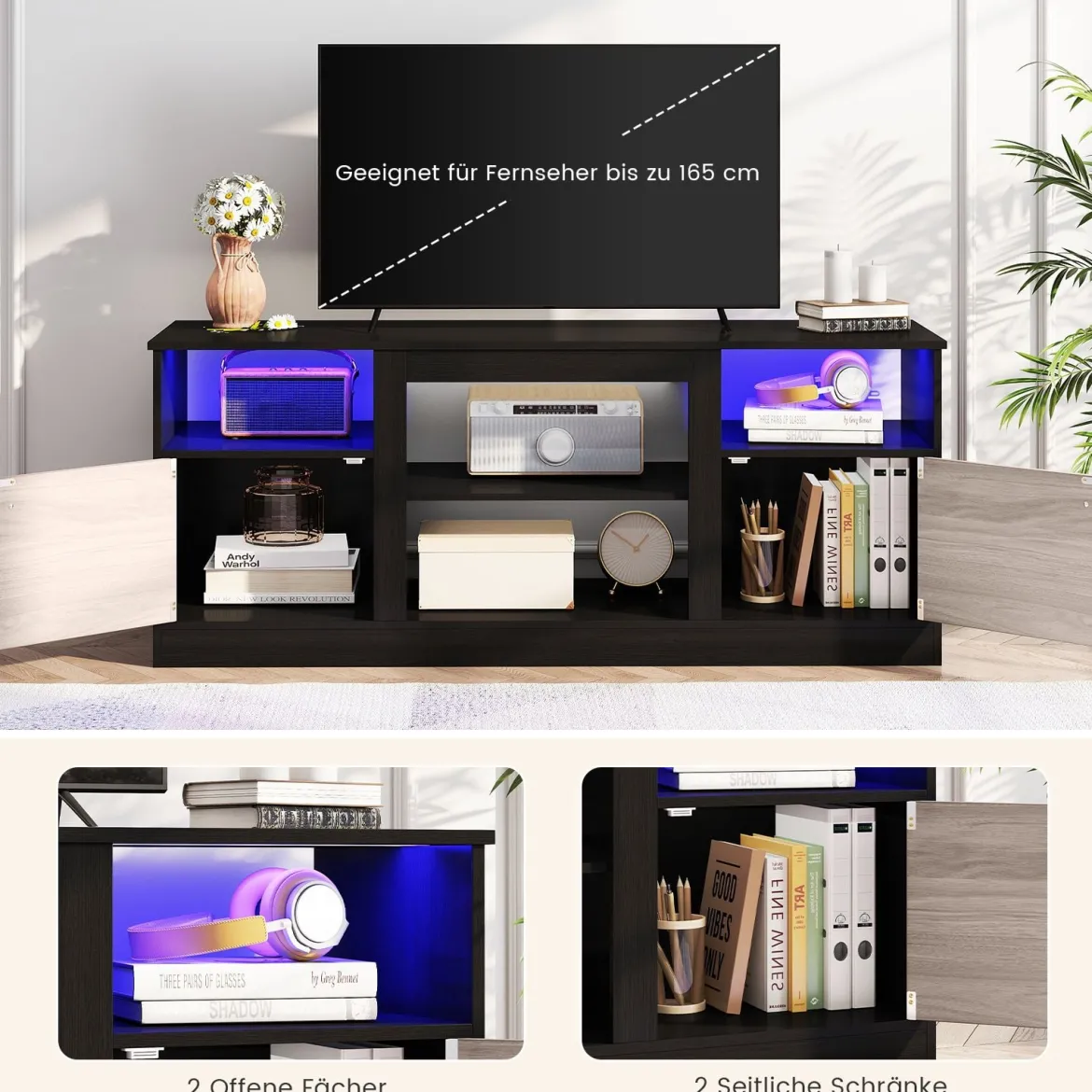 TV-Schrank mit LED-Lichtern für 65" Fernseher Fernsehschrank mit Verstellbarem Regal