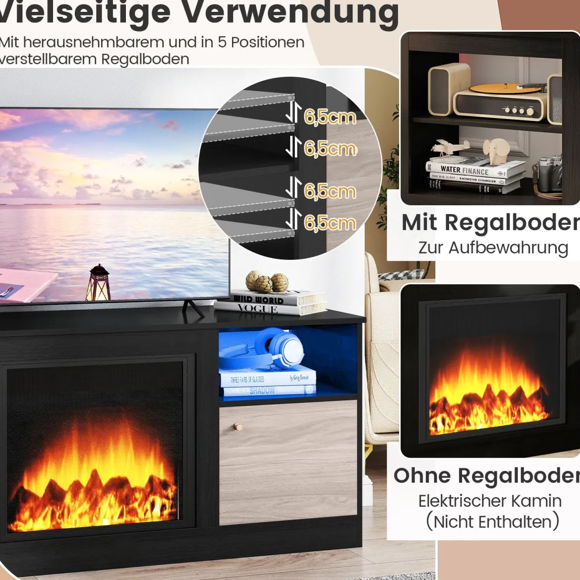 TV-Schrank mit LED-Lichtern für 65" Fernseher Fernsehschrank mit Verstellbarem Regal