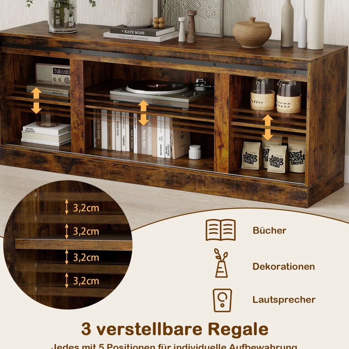 TV Schrank mit 2 Schiebetüren & Verstellbaren Regalen TV-Ständer für bis 70" Fernseher Lowboard
