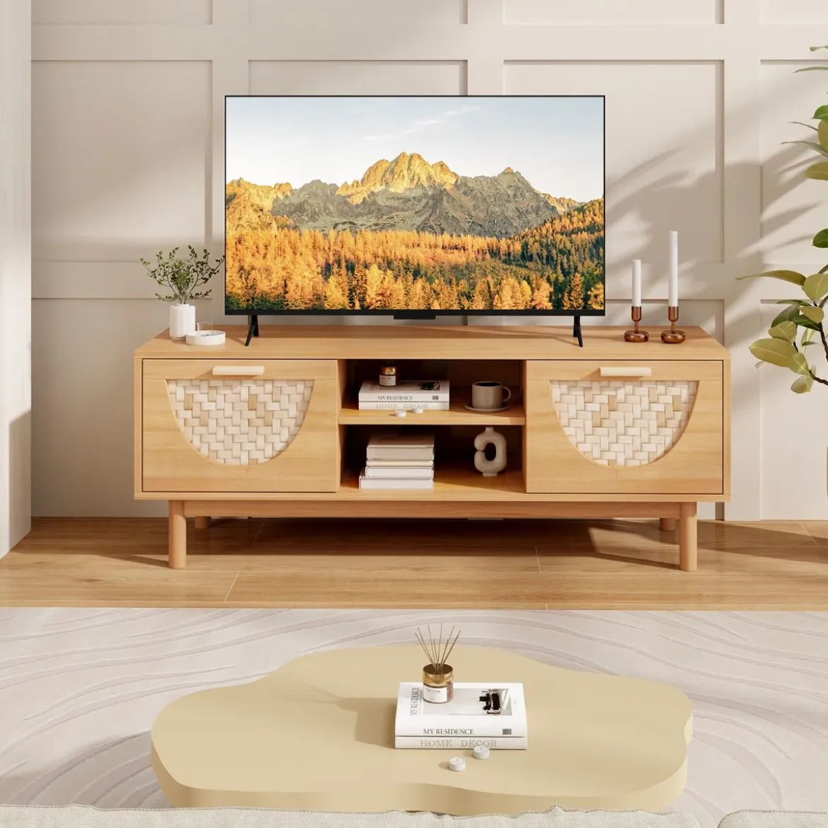 TV Schrank mit 2 Schubladen & Offenen Regalen für TVs bis 55 Zoll TV Lowboard Fernsehschrank