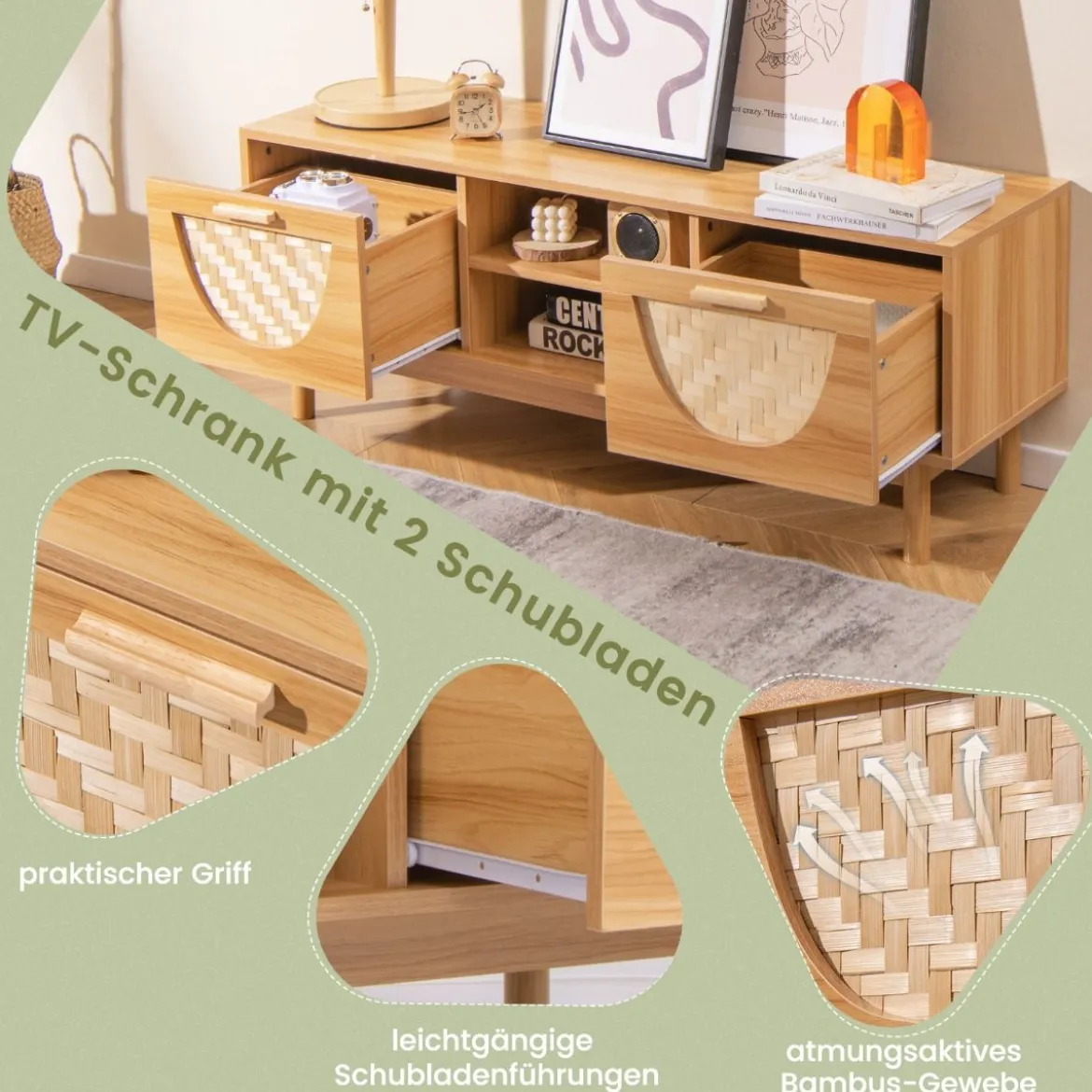 TV Schrank mit 2 Schubladen & Offenen Regalen für TVs bis 55 Zoll TV Lowboard Fernsehschrank