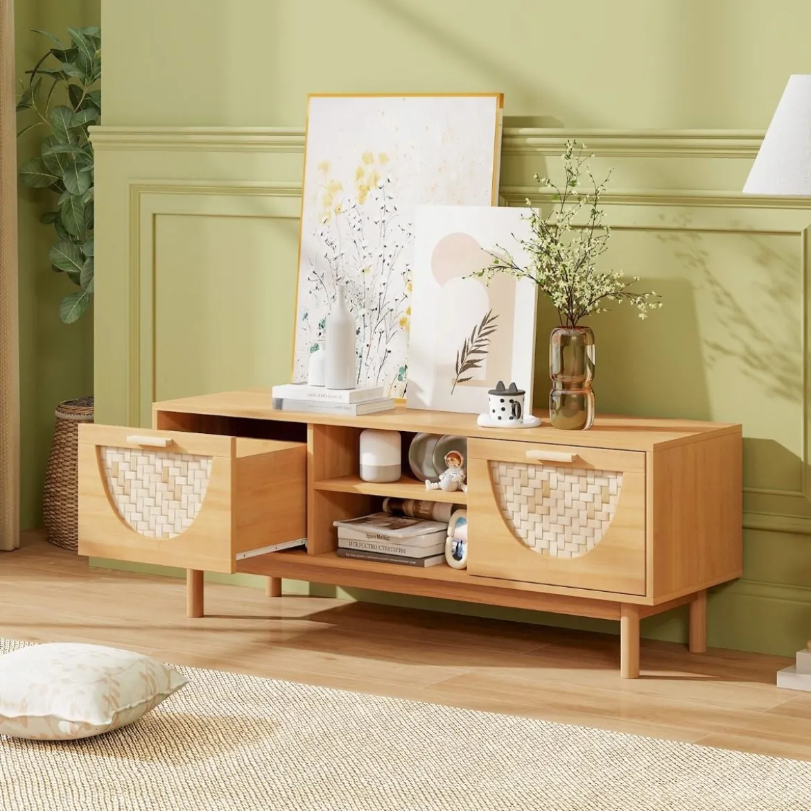 TV Schrank mit 2 Schubladen & Offenen Regalen für TVs bis 55 Zoll TV Lowboard Fernsehschrank