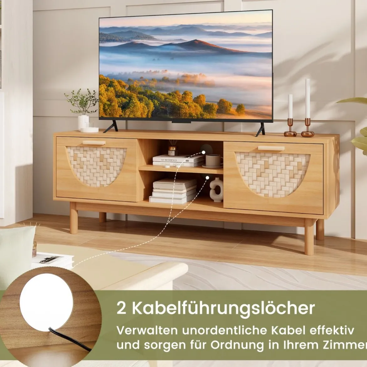 TV Schrank mit 2 Schubladen & Offenen Regalen für TVs bis 55 Zoll TV Lowboard Fernsehschrank