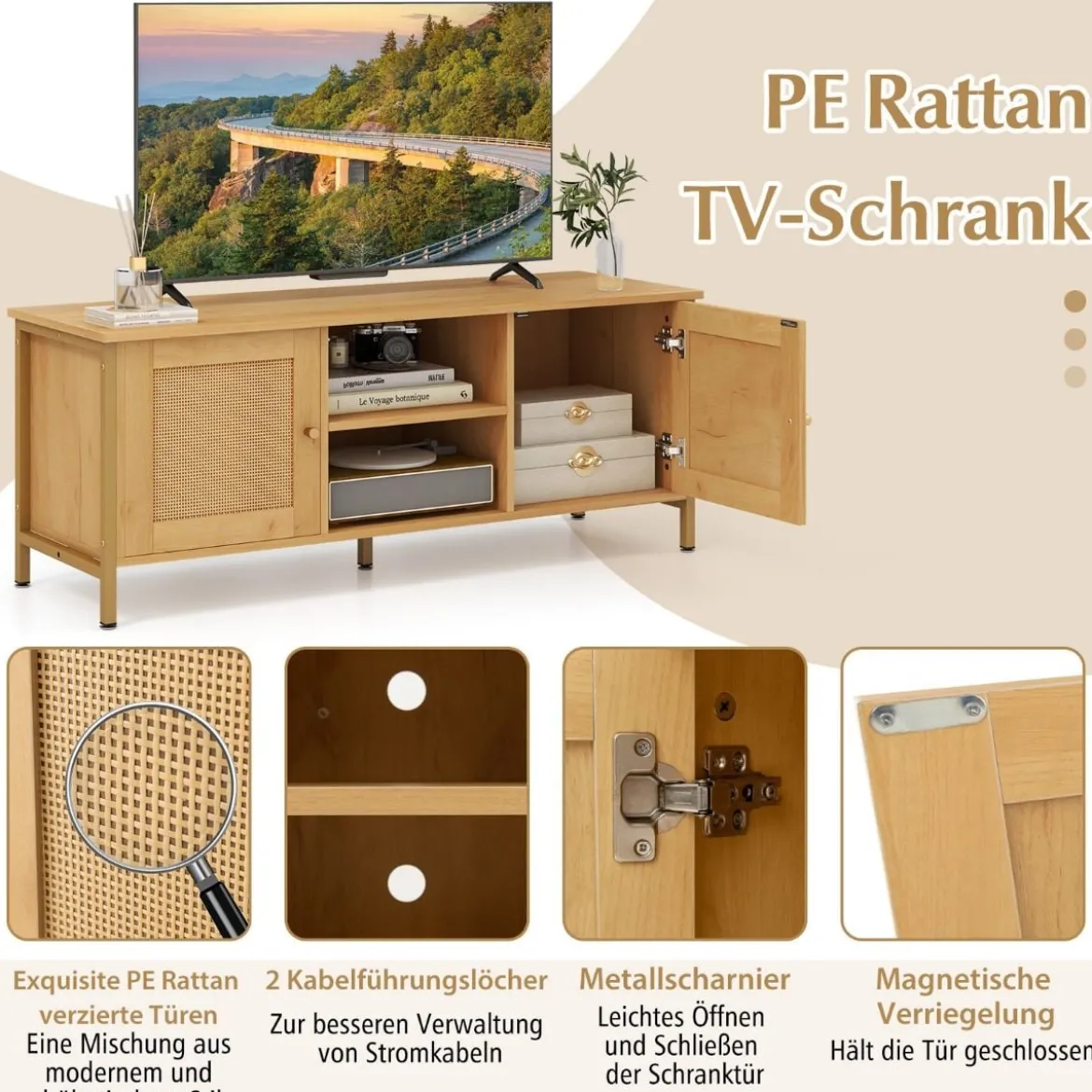 TV-Schrank Rattan Lowboard mit 2 Türen und offenen Regalen TV Ständer für Fernseher bis 55 Zoll 120 x 40 x 48 cm