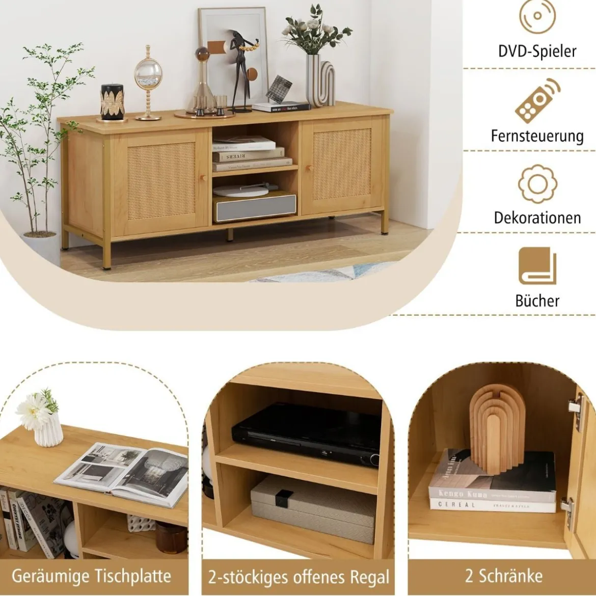 TV-Schrank Rattan Lowboard mit 2 Türen und offenen Regalen TV Ständer für Fernseher bis 55 Zoll 120 x 40 x 48 cm