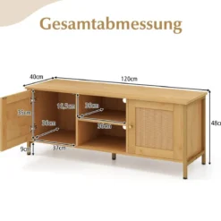 TV-Schrank Rattan Lowboard mit 2 Türen und offenen Regalen TV Ständer für Fernseher bis 55 Zoll 120 x 40 x 48 cm
