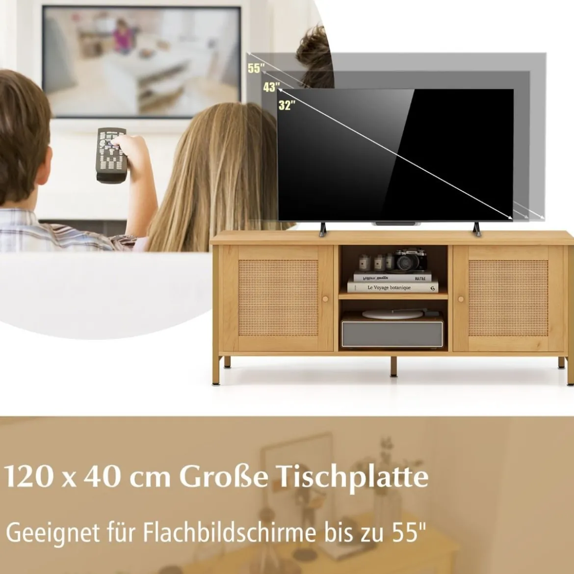 TV-Schrank Rattan Lowboard mit 2 Türen und offenen Regalen TV Ständer für Fernseher bis 55 Zoll 120 x 40 x 48 cm
