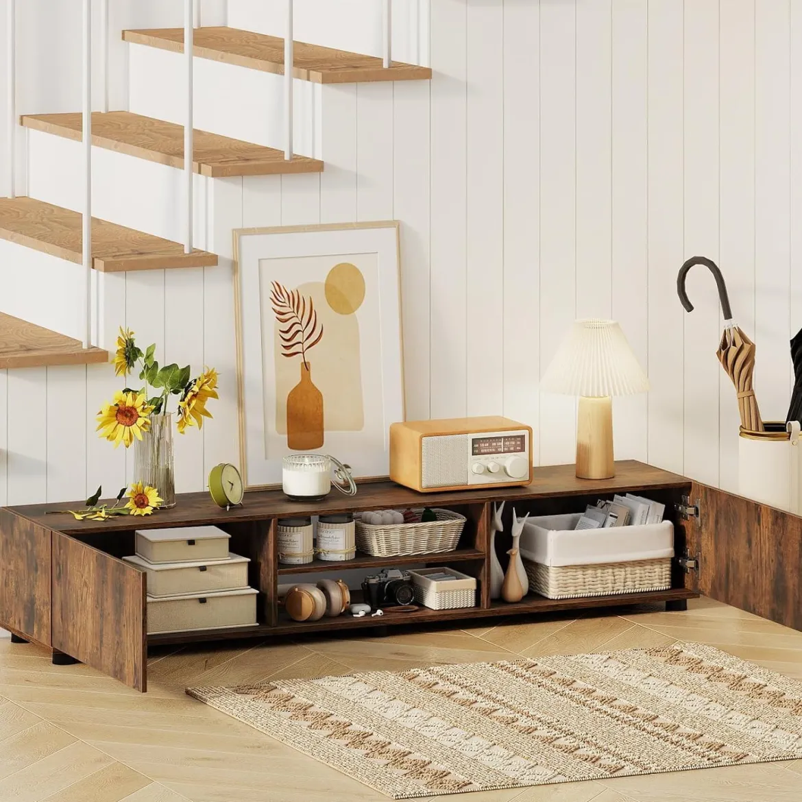 TV-Schrank TV-Kommode für TV bis zu 70 Zoll Fernsehschrank mit 2 Türen 160 x 35 x 30cm Rustikalbraun