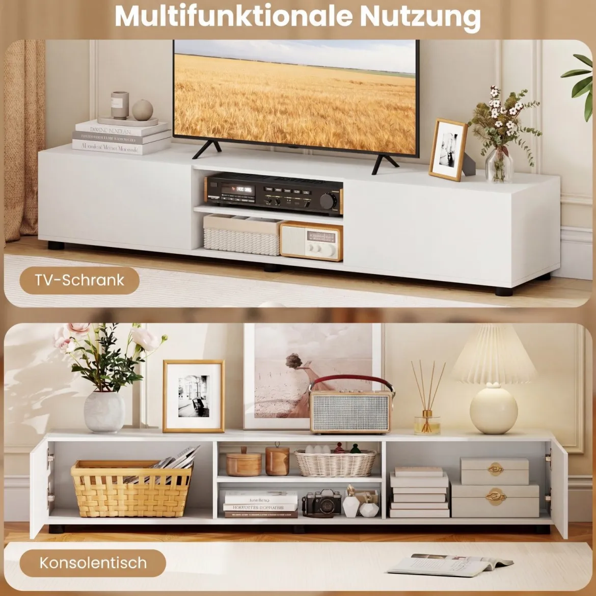 TV-Schrank TV-Kommode für TV bis zu 70 Zoll Fernsehschrank mit 2 Türen 160 x 35 x 30cm Weiß