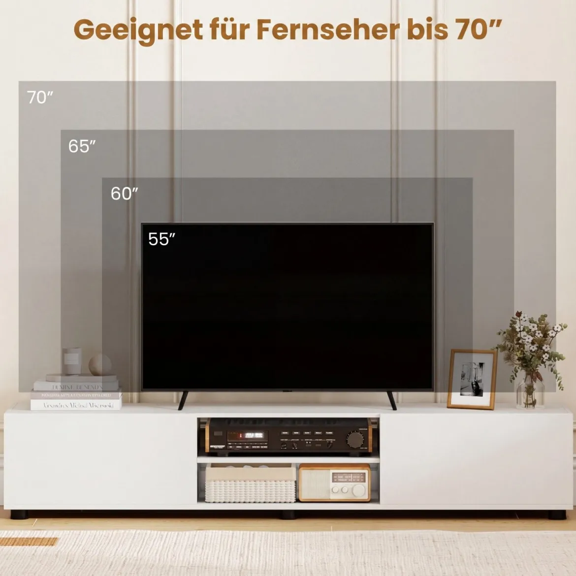 TV-Schrank TV-Kommode für TV bis zu 70 Zoll Fernsehschrank mit 2 Türen 160 x 35 x 30cm Weiß