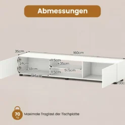 TV-Schrank TV-Kommode für TV bis zu 70 Zoll Fernsehschrank mit 2 Türen 160 x 35 x 30cm Weiß