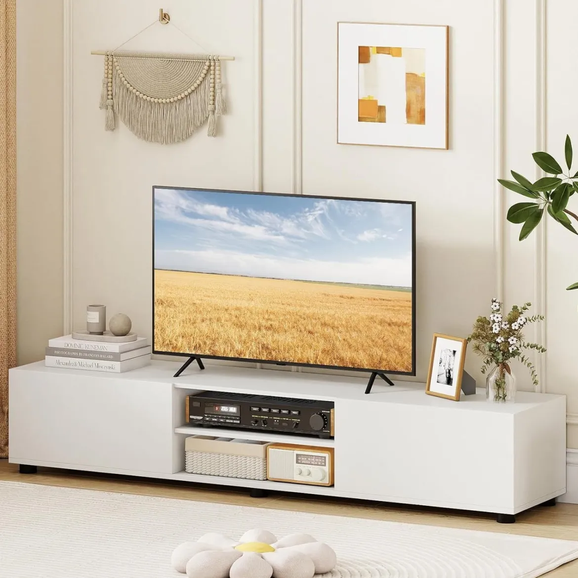 TV-Schrank TV-Kommode für TV bis zu 70 Zoll Fernsehschrank mit 2 Türen 160 x 35 x 30cm Weiß