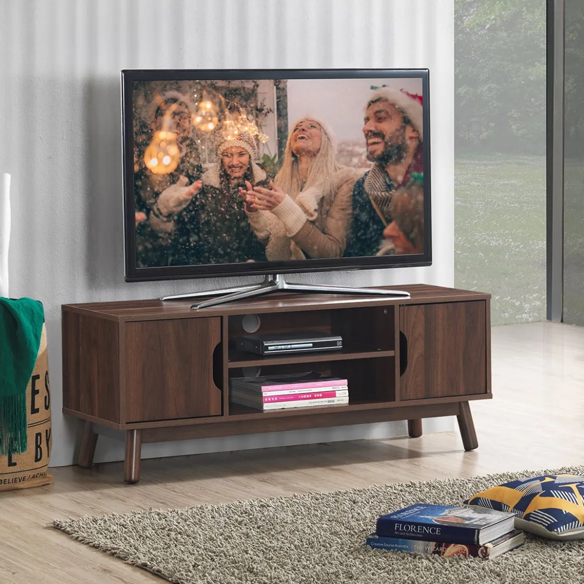 TV-Ständer Fernsehschrank Holz für TVs bis zu 50" Fernsehtisch mit offenem Regal Walnuss