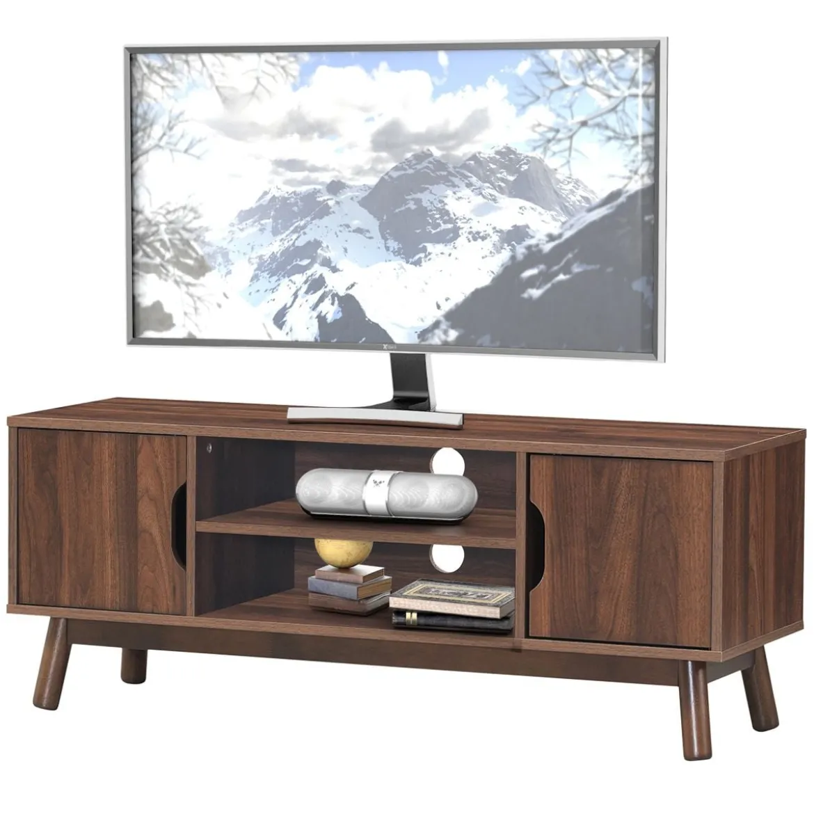 TV-Ständer Fernsehschrank Holz für TVs bis zu 50" Fernsehtisch mit offenem Regal Walnuss